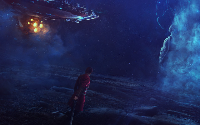 Cave man spaceship light aurora free wallpaper for desktop - medium preview image