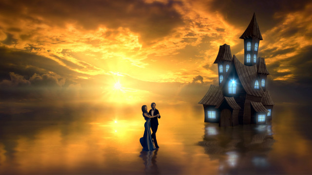 Couple house sunset reflection magic free wallpaper for desktop - medium preview image