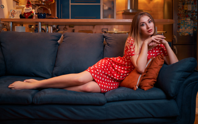 Woman red dress couch living free wallpaper for desktop - medium preview image
