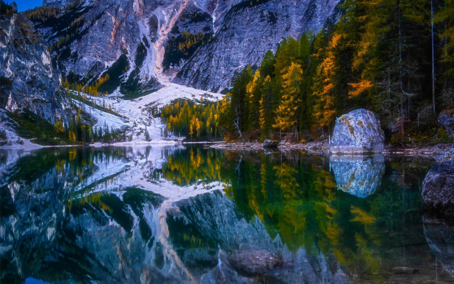 Mountain lake reflection forest mystical free wallpaper for desktop - medium preview image