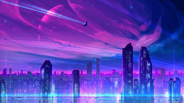 Futuristic city bird night sky free wallpaper for desktop - medium preview image