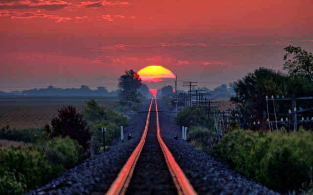 Train track sunset trees red free wallpaper for desktop - medium preview image