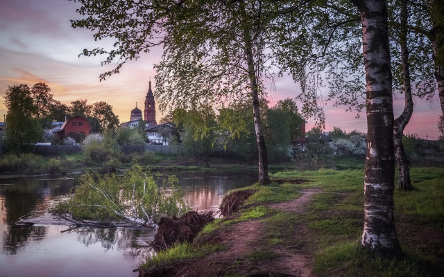 River path church sunset nature free wallpaper for desktop - medium preview image
