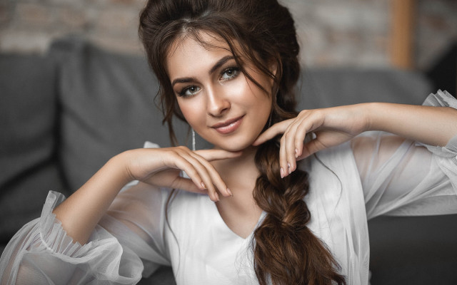 Woman braid couch portrait photorealistic free wallpaper for desktop - medium preview image