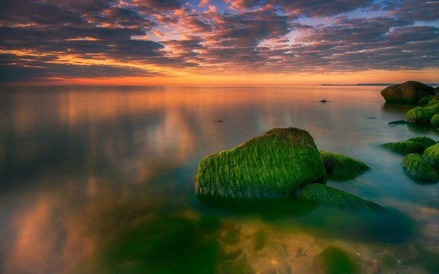 Sunset ocean rocks boat mystical #2 free wallpaper for desktop - medium preview image