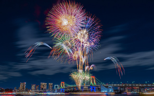 Fireworks city skyline bridge night free wallpaper for desktop - medium preview image