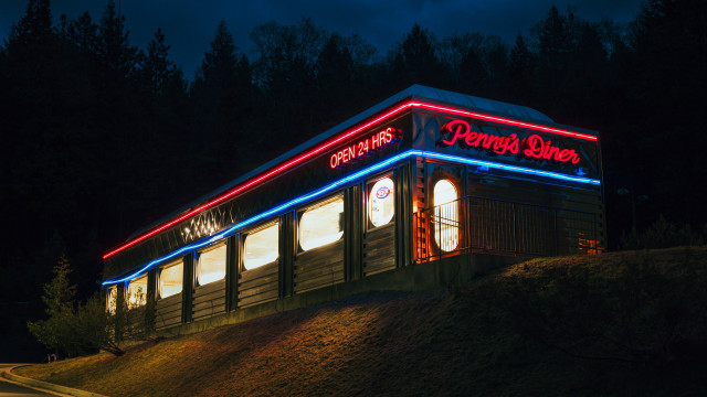 Lit building red blue sign free wallpaper for desktop - medium preview image