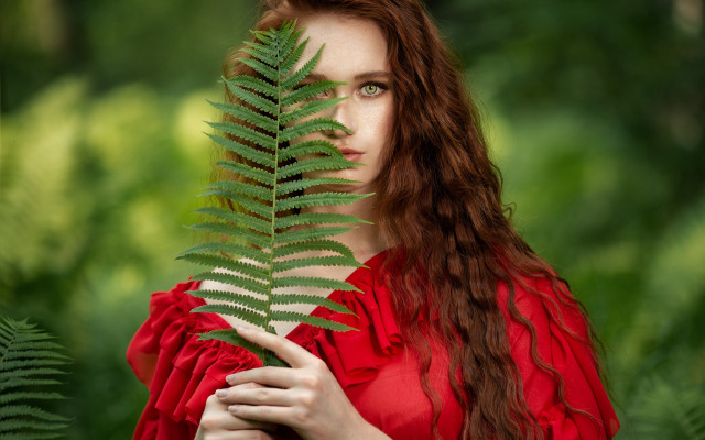 Woman red dress green leaf free wallpaper for desktop - medium preview image