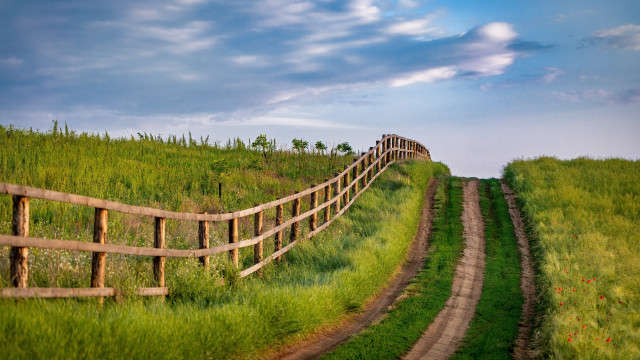 Wooden fence grassy hill dirt free wallpaper for desktop - medium preview image