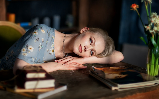 Young girl book flowers portrait free wallpaper for desktop - medium preview image