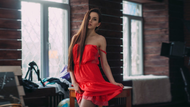 Woman red dress indoor portrait free wallpaper for desktop - medium preview image