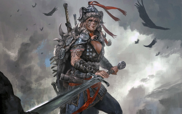 Woman sword helmet birds fantasy free wallpaper for desktop - medium preview image