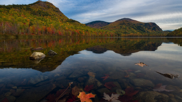 Lake mountains trees leaves rocks free wallpaper for desktop - medium preview image