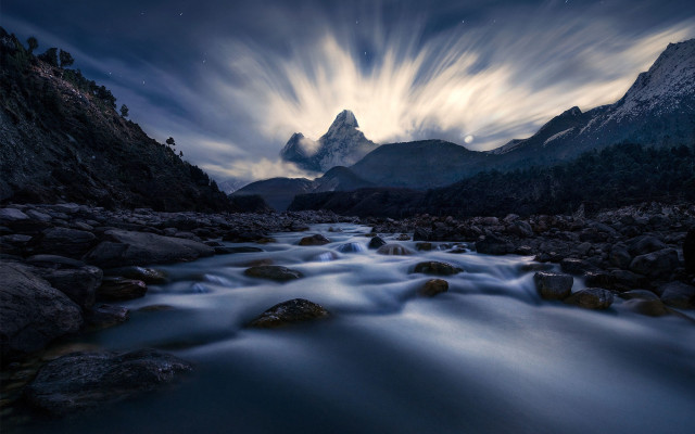 River forest mountains night cloudy free wallpaper for desktop - medium preview image