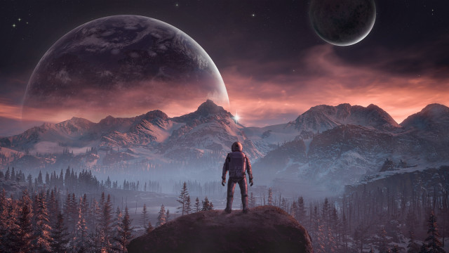 Mountain forest planet night sky free wallpaper for desktop - medium preview image