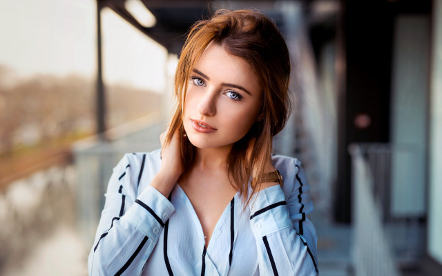 Woman blue shirt white shirt #2 free wallpaper for desktop - medium preview image