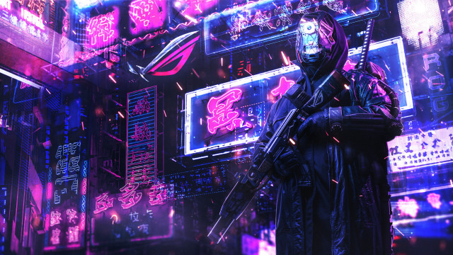 Futuristic man neon cityscape android free wallpaper for desktop - medium preview image