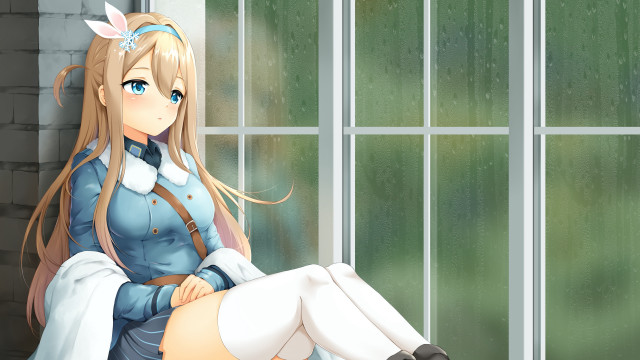 Girl rainy window sill blonde free wallpaper for desktop - medium preview image