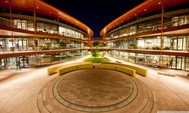 Circular bench courtyard nighttime lights free wallpaper for desktop - medium preview image