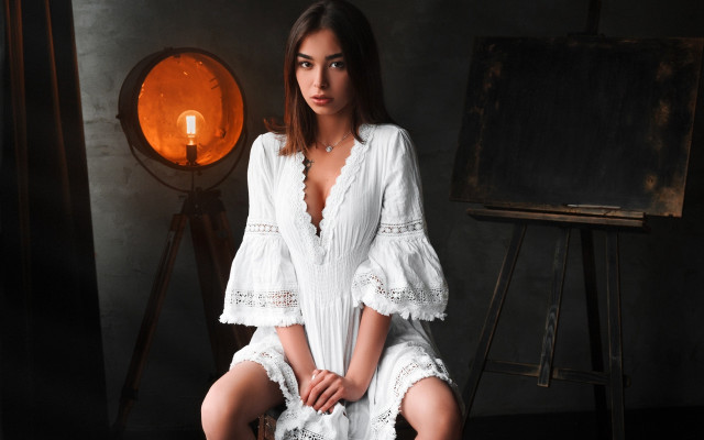 Woman white dress chair painting free wallpaper for desktop - medium preview image