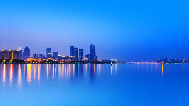 City skyline reflection night blue #2 free wallpaper for desktop - medium preview image
