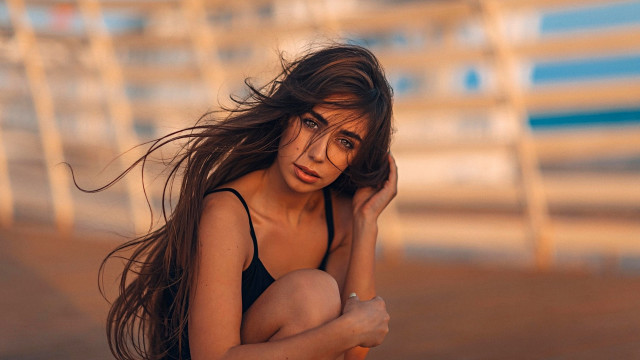 Woman beach blackbikini blowinghair portrait free wallpaper for desktop - medium preview image