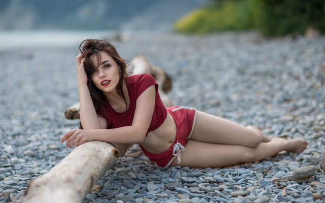 Woman red bikini log rocky free wallpaper for desktop - medium preview image