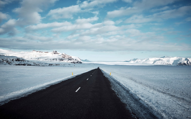 Long road snow mountains blue free wallpaper for desktop - medium preview image