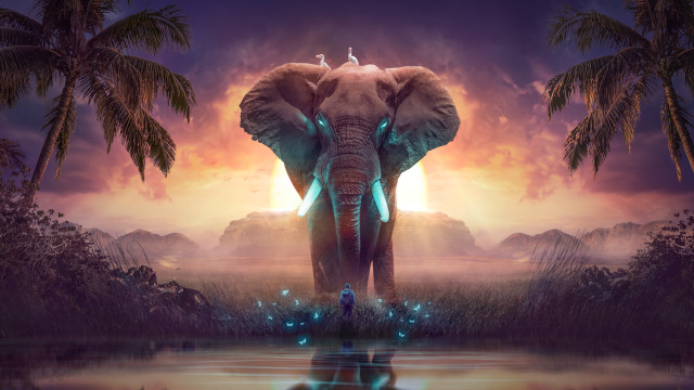 Elephant water bird sunset fantasy free wallpaper for desktop - medium preview image