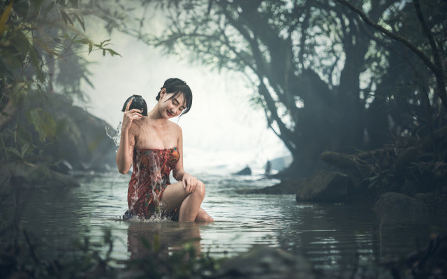 Woman river bathing suit camera free wallpaper for desktop - medium preview image