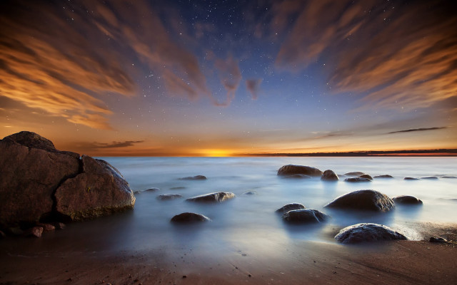 Beach rocks starry night mystical free wallpaper for desktop - medium preview image