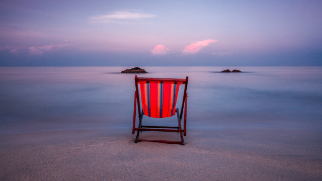 Red white chair sandy beach free wallpaper for desktop - medium preview image