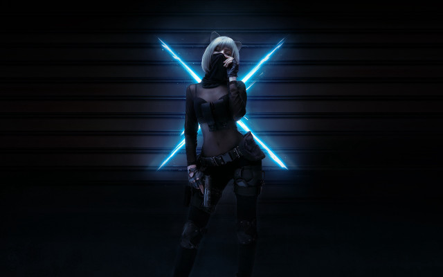 Futuristic woman neon star cyberpunk free wallpaper for desktop - medium preview image