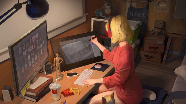 Girl desktop artist blonde cat free wallpaper for desktop - medium preview image