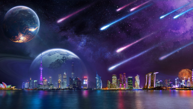 City skyline stars aurora moon free wallpaper for desktop - medium preview image
