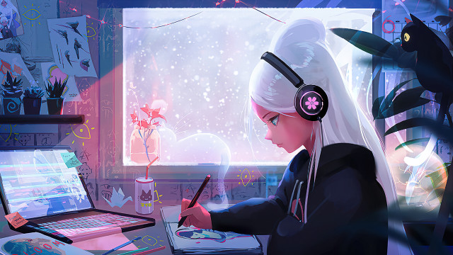 Girl headphones writing cat window free wallpaper for desktop - medium preview image