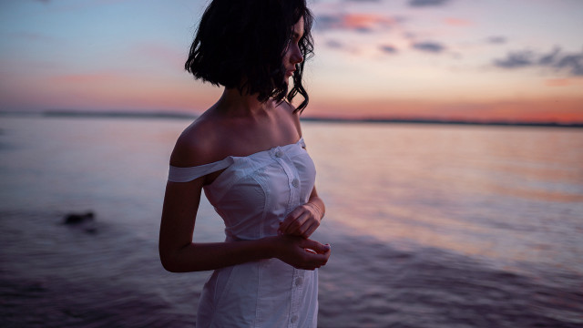 Woman beach sunset white dress free wallpaper for desktop - medium preview image