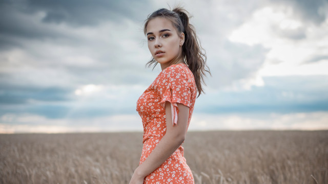 Woman dress field cloudy sky free wallpaper for desktop - medium preview image