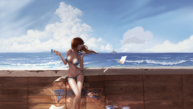 Woman bikini ocean lake dock free wallpaper for desktop - medium preview image