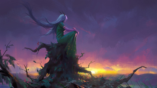 Woman green dress sunset tree free wallpaper for desktop - medium preview image