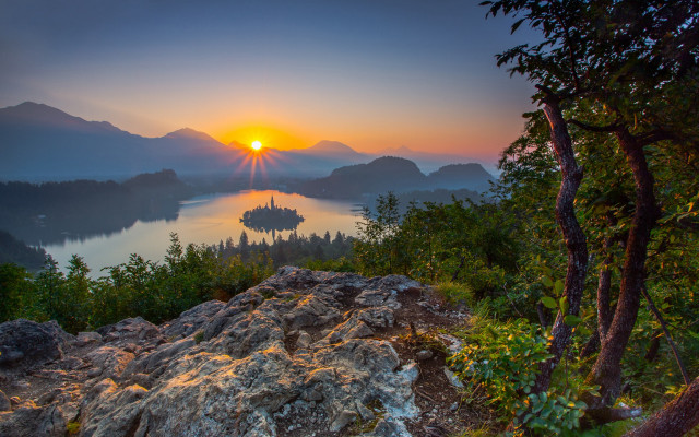 Sunset lake mountains trees island free wallpaper for desktop - medium preview image