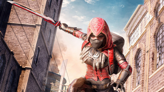 Red outfit sword cityscape armor free wallpaper for desktop - medium preview image