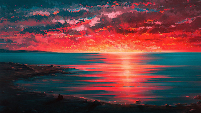 Sunset water red sky clouds free wallpaper for desktop - medium preview image