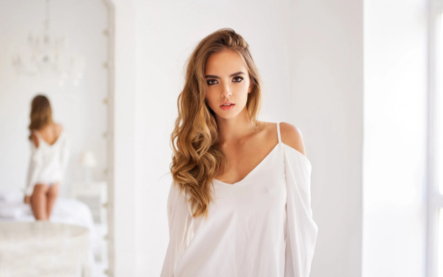 Woman white shirt standing room free wallpaper for desktop - medium preview image