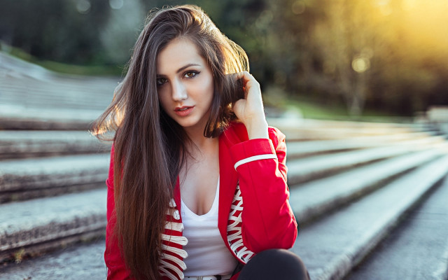 Woman steps wind red jacket free wallpaper for desktop - medium preview image