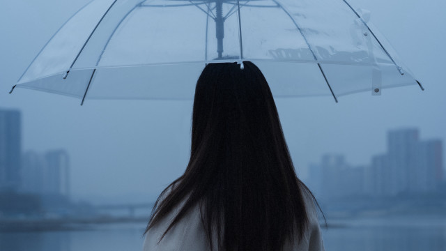 Woman umbrella rain foggy scenery free wallpaper for desktop - medium preview image