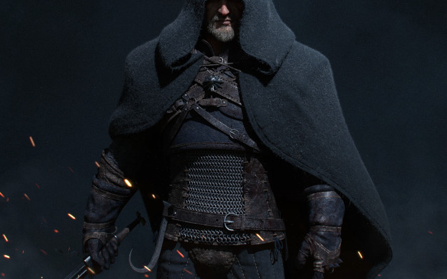 Black hooded swordman fire background free wallpaper for desktop - medium preview image