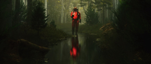 Man red suit forest outdoors free wallpaper for desktop - medium preview image