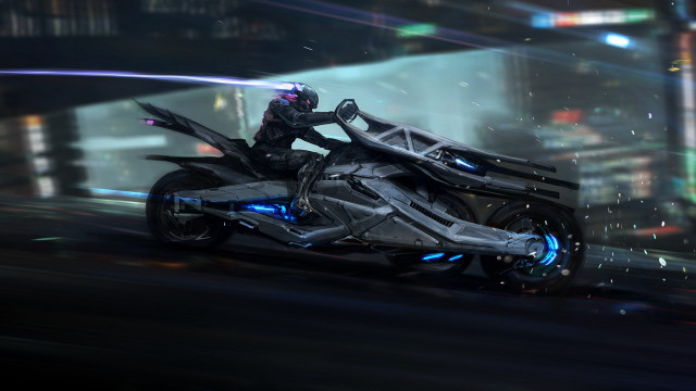 Futuristic motorcycle neon city cyberpunk free wallpaper for desktop - medium preview image