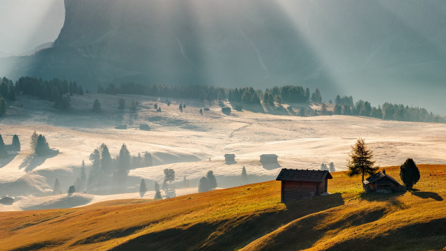 Mountain house trees sunset river free wallpaper for desktop - medium preview image